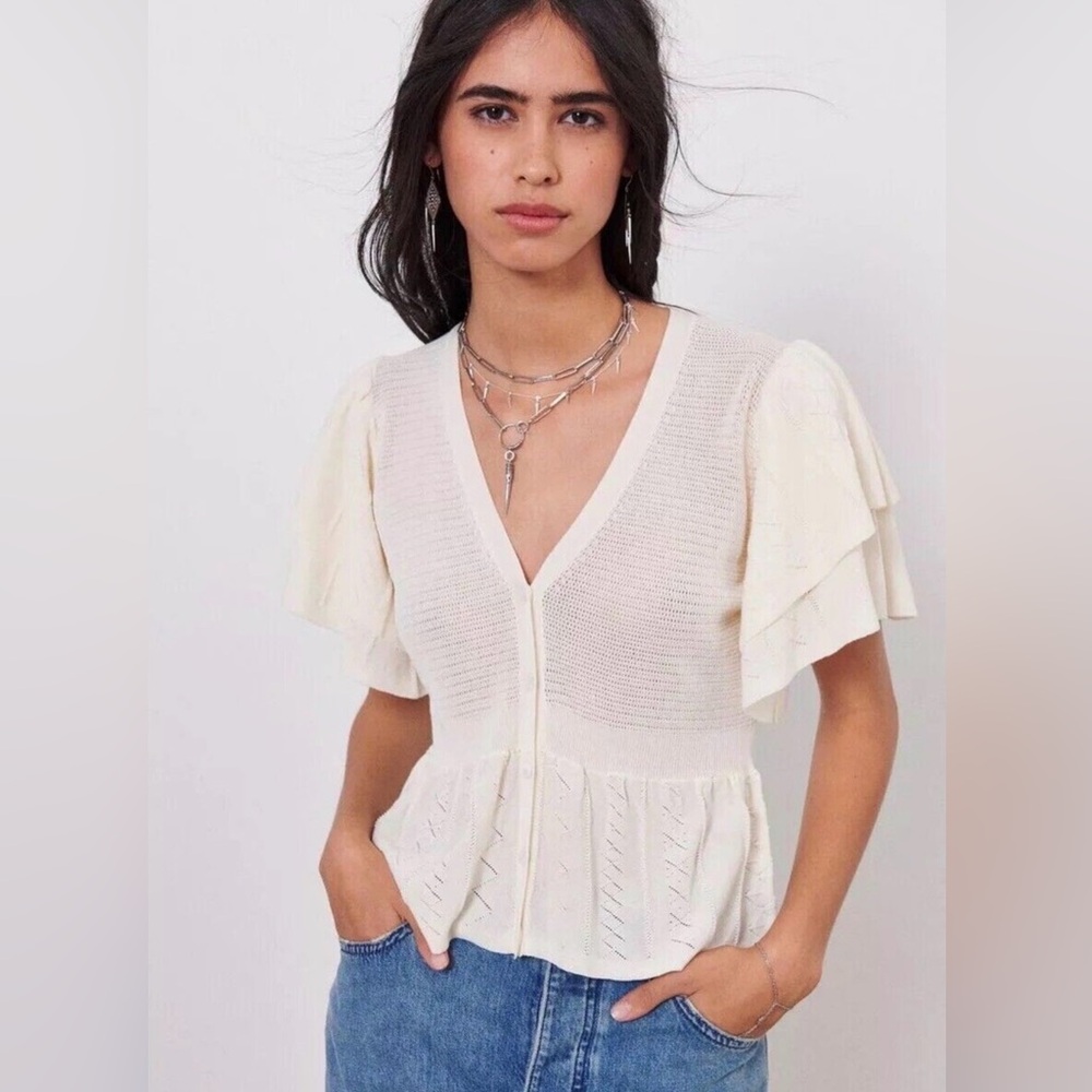 BA&SH Acacio Pointelle Knit Short Sleeve Cardigan - Off White size 8